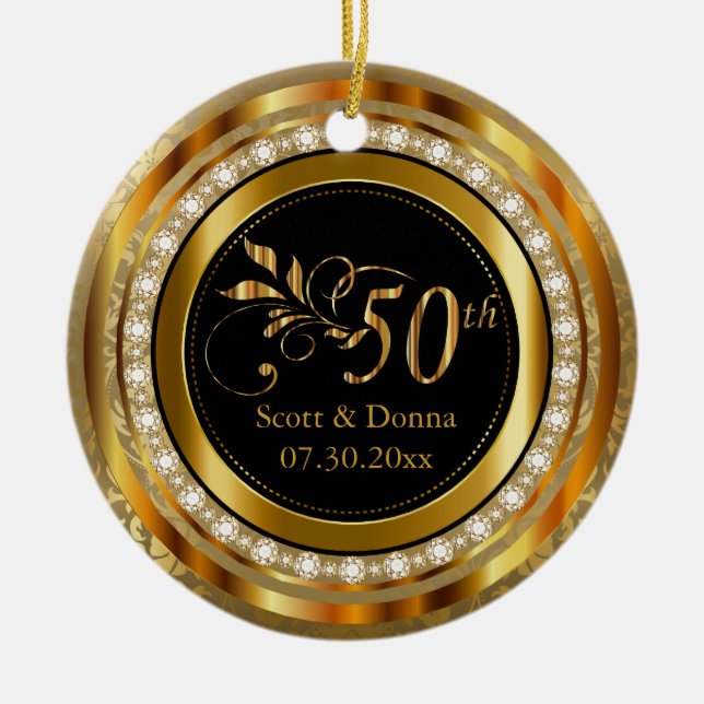 Ornement En Céramique Élégant 50e anniversaire de diamant d'or (Devant)