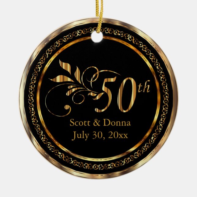 Ornement En Céramique Élégant 50e anniversaire de Mariage d'or (Devant)