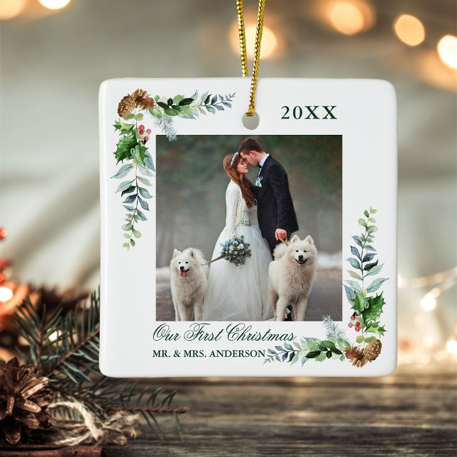 Ornement En Céramique Elégant Aquarelle Pine Mariage Premier Noël (Customize to change text size, color or text style.)
