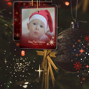 Ornement En Céramique Élégant Bébé rouge Première photo Noël