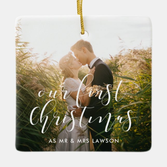 Ornement En Céramique Elégant Notre première photo mariage de Noël (Devant)
