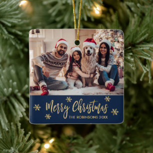 Ornement En Céramique Élégant Snowflake Navy et Gold Photo Noël
