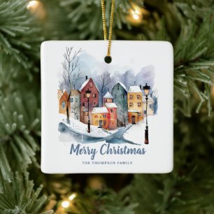 Ornement En Céramique Elégante Aquarelle d'hiver Maisons Bleu Noël