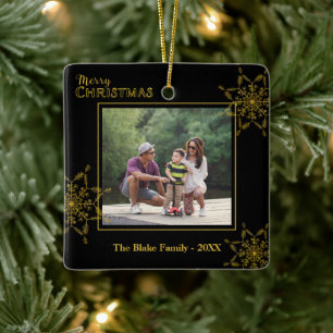 Ornement En Céramique Elégante Black Gold Family Photo Joyeux Noël
