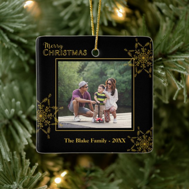 Ornement En Céramique Elégante Black Gold Family Photo Joyeux Noël (Arbre)