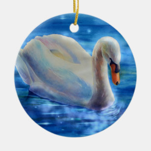 Ornement En Céramique Elégante peinture d'aquarelle de cygne blanc