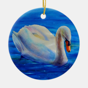 Ornement En Céramique Elégante peinture d'aquarelle de cygne blanc