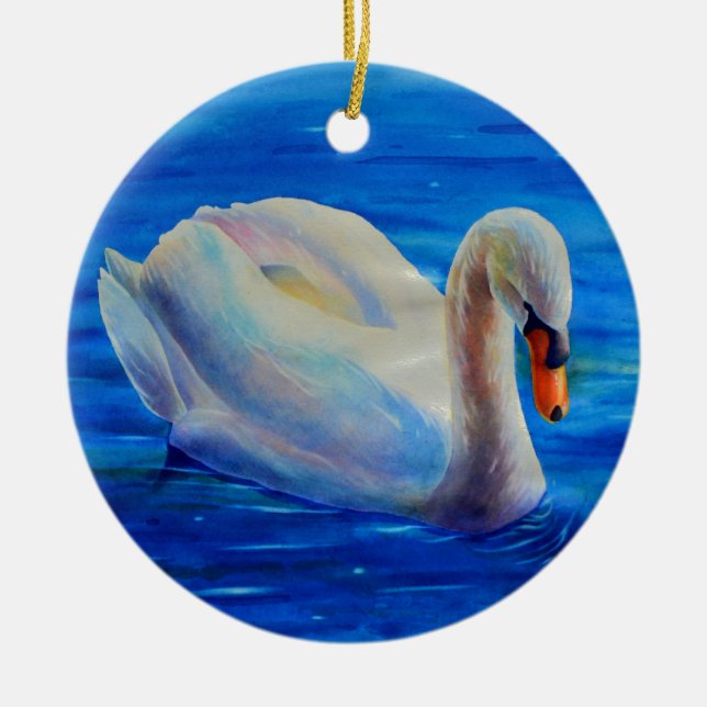 Ornement En Céramique Elégante peinture d'aquarelle de cygne blanc (Devant)