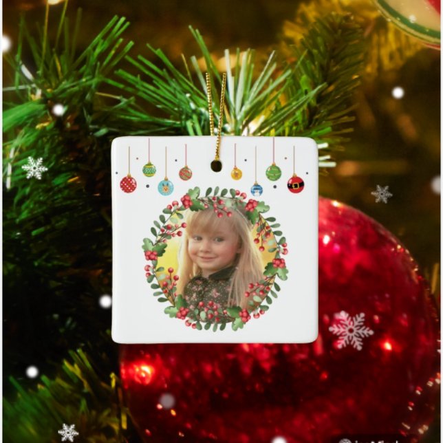 Ornement En Céramique Elegante Personnaliser Nom Et Photo Wreath (Créateur téléchargé)