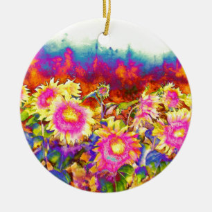 Ornement En Céramique Élégants tournesols rétro boho fleurs roses jaunes