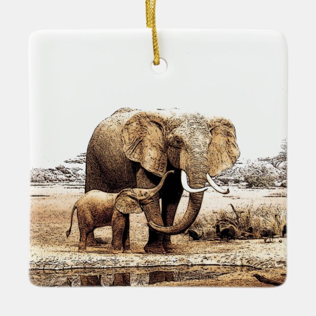 Ornement En Céramique Eléphant et bébé Eléphant (Devant)