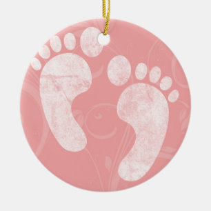 Ornement En Céramique Empreintes de bébé rose/blanc