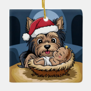Ornement En Céramique Enfant de houx adoré par un Terrier du Yorkshire