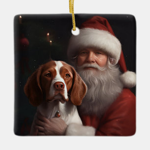 Ornement En Céramique Épagneul breton avec le Père Noël Noël