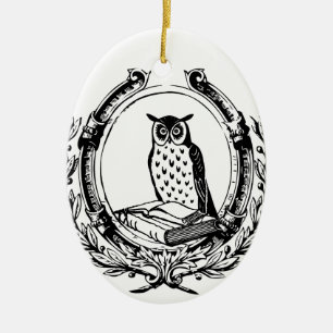 Ornement En Céramique Ex-libris vintage de hibou et de livre