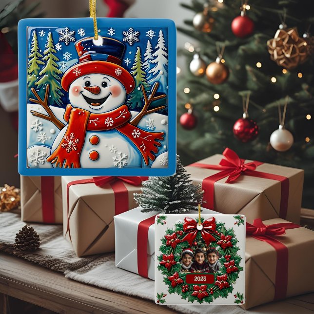 Ornement En Céramique Excité Noël Snowman personnalisable (Créateur téléchargé)