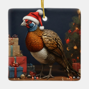 Ornement En Céramique faisan avec arbre de noël et cadeaux
