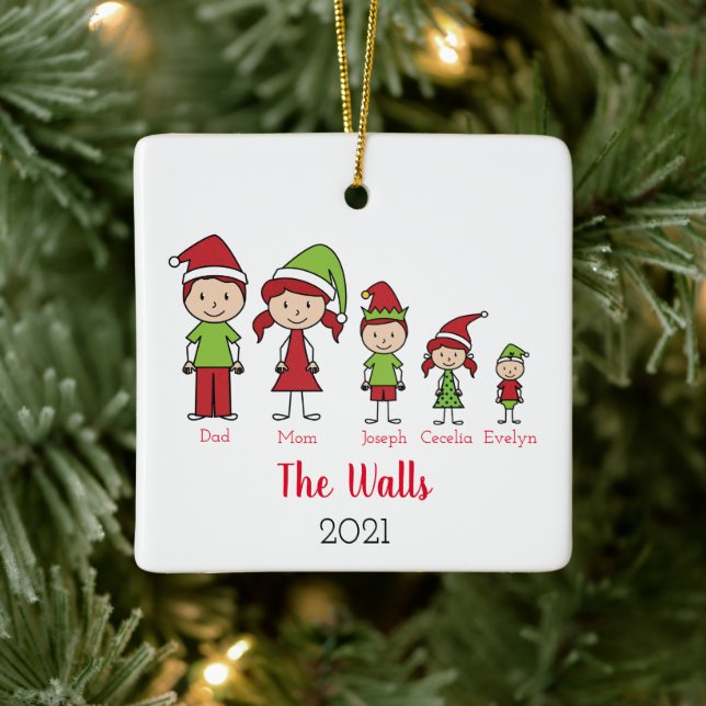Ornement En Céramique Famille de 5 Mignons Noël Personnalisé (Arbre)
