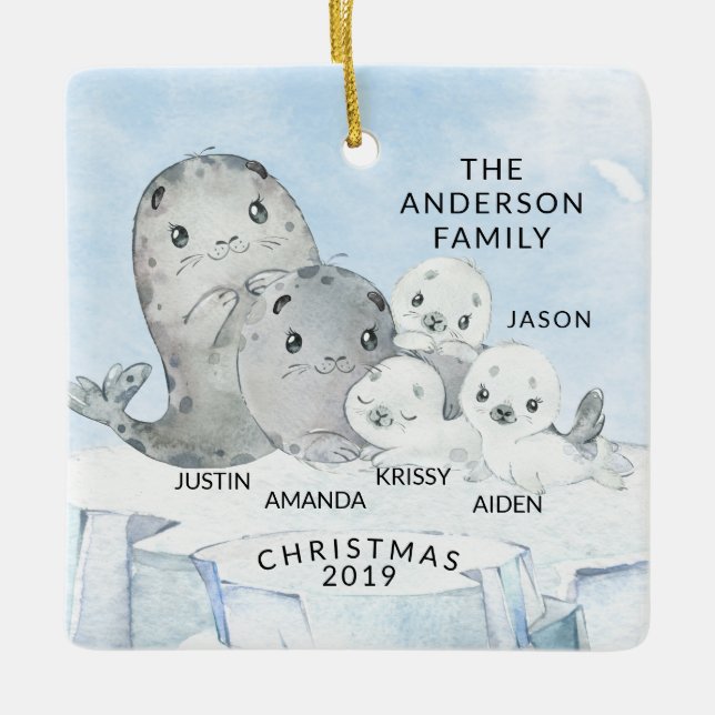 Ornement En Céramique Famille de phoques de 5 Noël (Devant)