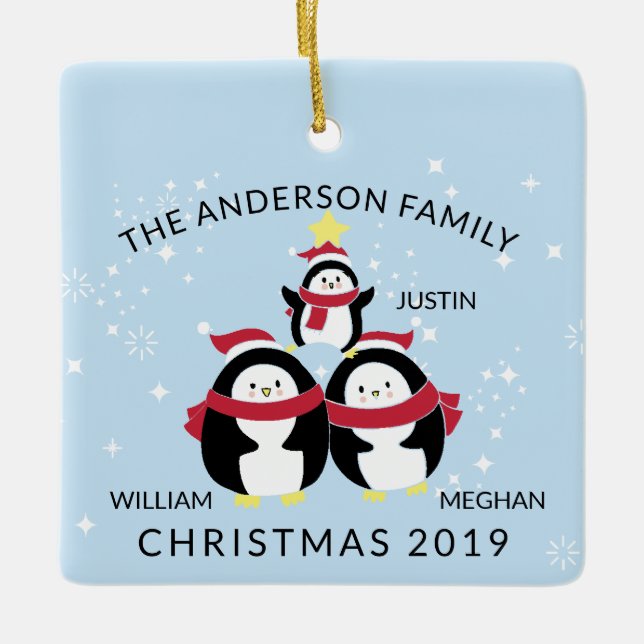 Ornement En Céramique Famille Personnalisée Amusante De 3 Pingouins Noël (Devant)