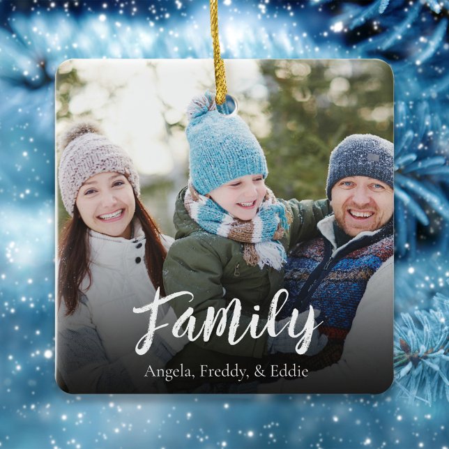 Ornement En Céramique Famille simple photo de Noël bleu marine (Christmas photo square ceramic ornament with family calligraphy wording.)