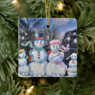 Ornement En Céramique Famille Snowman