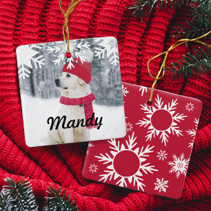 Ornement En Céramique Family & Pet Photo Winter Hat & Scarf Snowflake