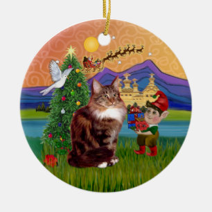 Ornement En Céramique Fantaisie de Noël - chat Maine Coon