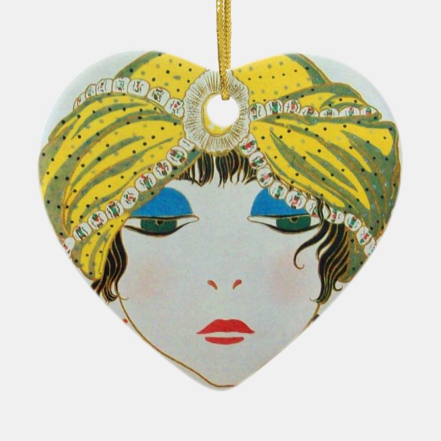 ORNEMENT EN CÉRAMIQUE FEMME AVEC TURBAN JAUNE ORIENTAL / COEUR ROUGE RUB (Devant)