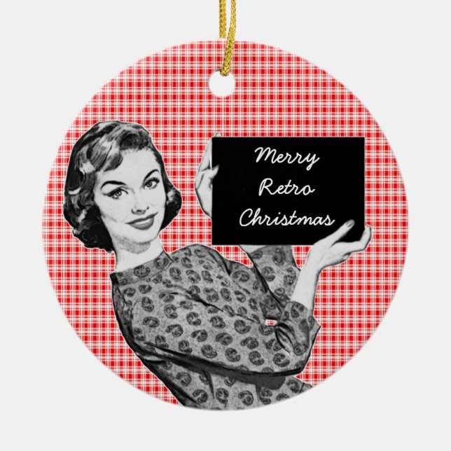 Ornement En Céramique Femme des années 1950 avec un signe de Noël V2 (Devant)