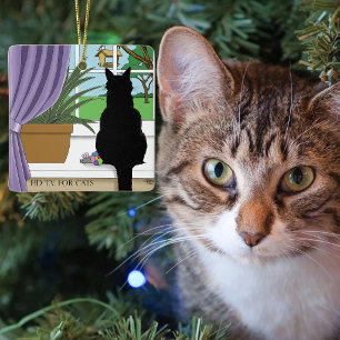 Ornement En Céramique Fenêtre de chat noir curieux vert humoristique
