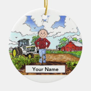 Ornement En Céramique Fermier - Homme, tracteur blanc