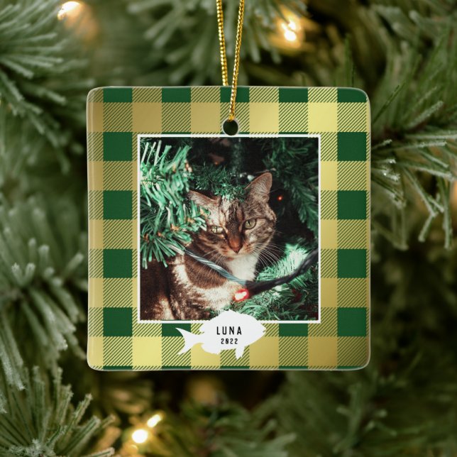 Ornement En Céramique Festif Gold Plaid Nom du chat Noël (Arbre)