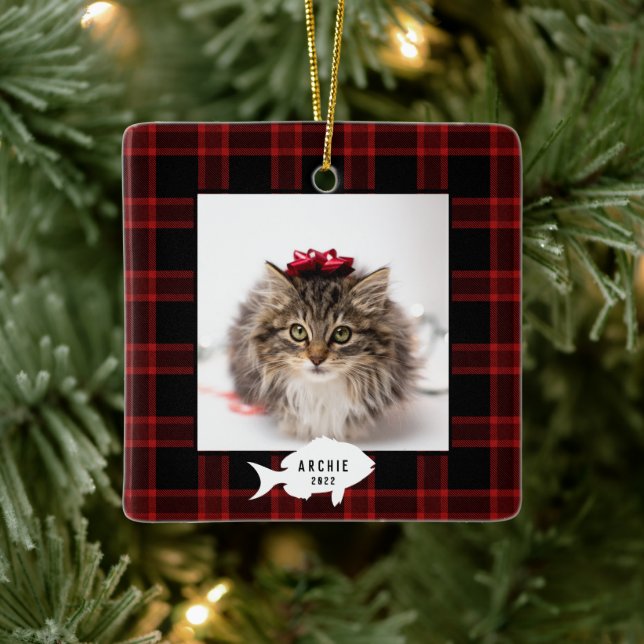 Ornement En Céramique Festif Red Buffalo Plaid Nom du chat Noël (Arbre)