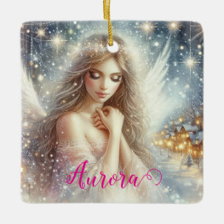 Ornement En Céramique Festive Girly Watercolor Ethereal Frost Snow Angel