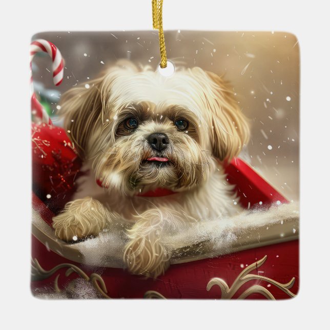 Ornement En Céramique Fête de Noël de Chien Malti Tzu (Devant)