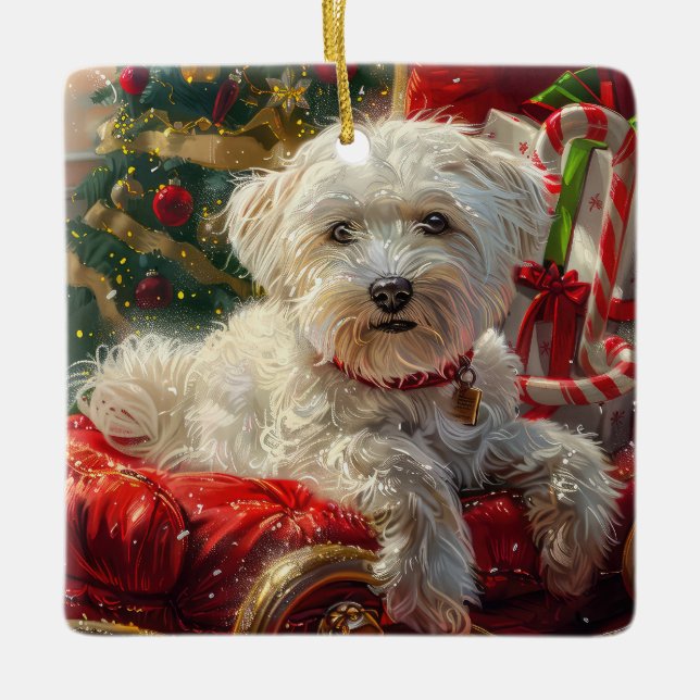 Ornement En Céramique Fête de Noël des chiens maltais (Devant)