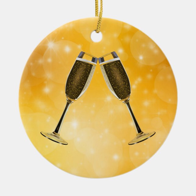 Ornement En Céramique Fête des Lunettes de Champagne sur l'or mousseux (Devant)