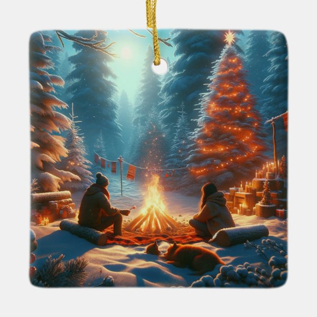 Ornement En Céramique "Feu de Noël : Moments d'hiver cosy" (Devant)
