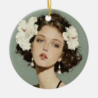 Ornement en céramique Fille au hibiscus