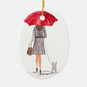 Ornement En Céramique Fille avec parapluie rouge