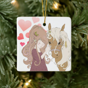 Ornement En Céramique Fille, cheval et coeur personnalisés Noël