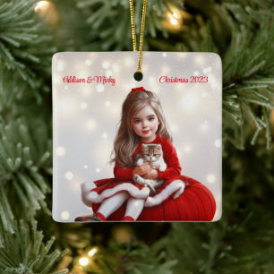 Ornement En Céramique Fille et chaton Noël personnalisé