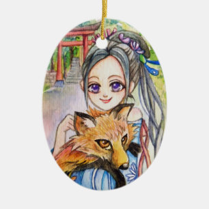 Ornement En Céramique Fille Holding Fox