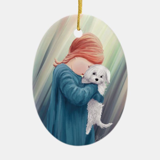 Ornement En Céramique Fille mignonne avec le chien (Devant)