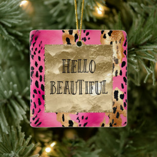 Ornement En Céramique Fille Pink Glam Gold Leopard Bonjour belle
