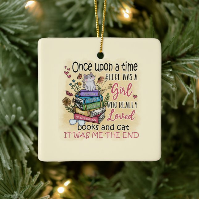 Ornement En Céramique Fille qui aime les livres et les chats (Arbre)