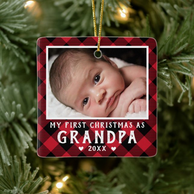 Ornement En Céramique First Christmas as Grandpa Baby Photo Plaid (Arbre)