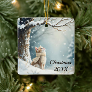 Ornement En Céramique Flammes de neige de Noël Kitty Watching