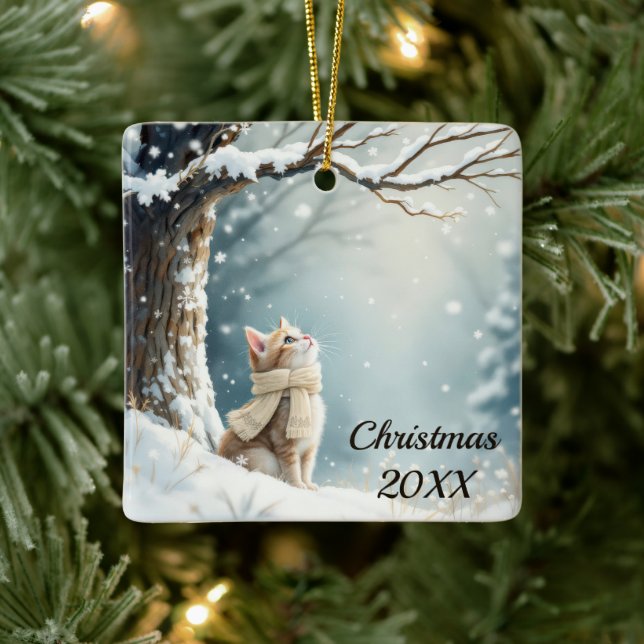 Ornement En Céramique Flammes de neige de Noël Kitty Watching (Arbre)